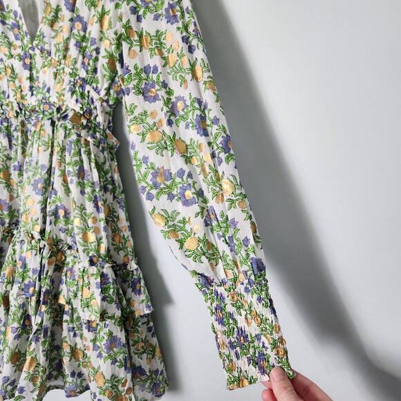 NEW Oliphant Smocked Waist V-neck Mini Dress Lupina Peri Floral Long Sleeve, S - Picture 8 of 15